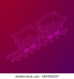 Trolley mine on rails. Wireframe low poly mesh vector illustration.