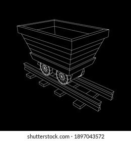 Trolley mine on rails. Wireframe low poly mesh vector illustration.