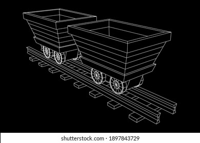 Trolley mine on rails. Wireframe low poly mesh vector illustration.