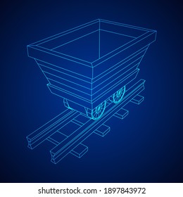 Trolley mine on rails. Wireframe low poly mesh vector illustration.