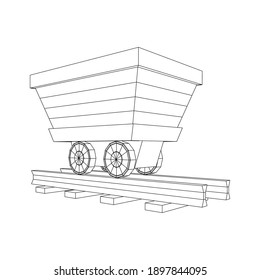 Trolley mine on rails. Wireframe low poly mesh vector illustration.