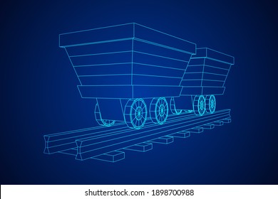 Trolley mine on rails. Wireframe low poly mesh vector illustration.