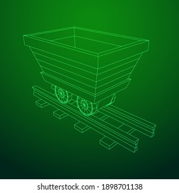 Trolley mine on rails. Wireframe low poly mesh vector illustration.