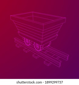 Trolley mine on rails. Wireframe low poly mesh vector illustration.