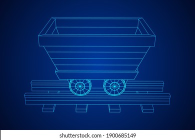 Trolley mine on rails. Wireframe low poly mesh vector illustration.