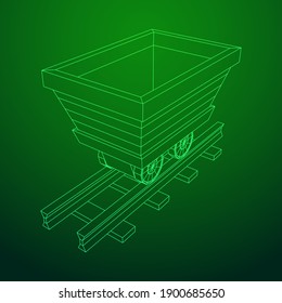 Trolley mine on rails. Wireframe low poly mesh vector illustration.