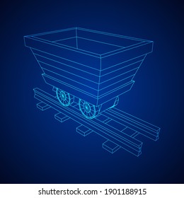 Trolley mine on rails. Wireframe low poly mesh vector illustration.