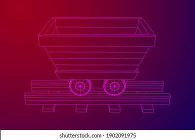 Trolley mine on rails. Wireframe low poly mesh vector illustration.