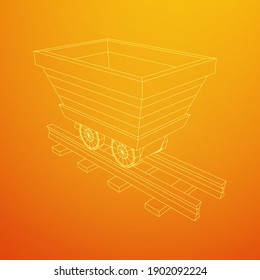Trolleymine auf Schienen. Wireframe Low-Poly-Mesh, Vektorgrafik.
