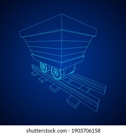 Trolley mine on rails. Wireframe low poly mesh vector illustration.