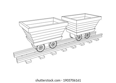 Trolley mine on rails. Wireframe low poly mesh vector illustration.