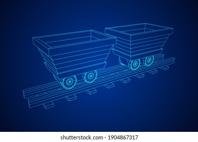 Trolley mine on rails. Wireframe low poly mesh vector illustration.