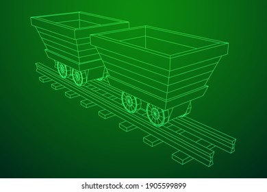 Trolley mine on rails. Wireframe low poly mesh vector illustration.