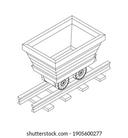 Trolley mine on rails. Wireframe low poly mesh vector illustration.