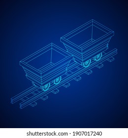 Trolley mine on rails. Wireframe low poly mesh vector illustration.