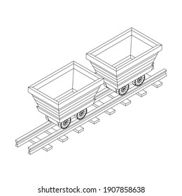 Trolleymine auf Schienen. Wireframe Low-Poly-Mesh, Vektorgrafik.