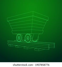 Trolley mine on rails. Wireframe low poly mesh vector illustration.