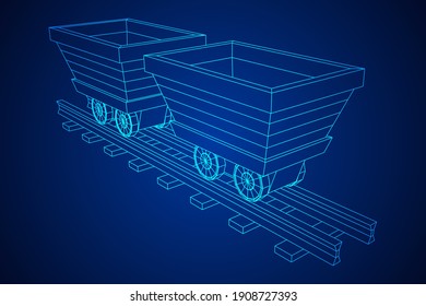 Trolley mine on rails. Wireframe low poly mesh vector illustration.