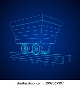 Trolley mine on rails. Wireframe low poly mesh vector illustration.