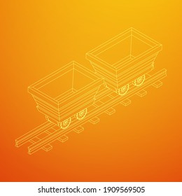 Trolley mine on rails. Wireframe low poly mesh vector illustration.