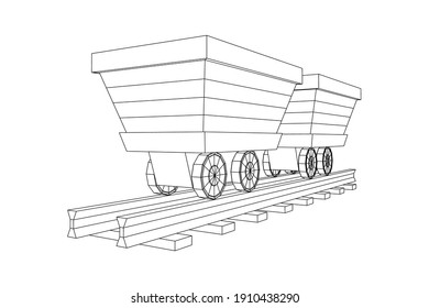 Trolley mine on rails. Wireframe low poly mesh vector illustration.