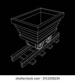 Trolley mine on rails. Wireframe low poly mesh vector illustration.