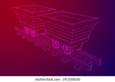 Trolley mine on rails. Wireframe low poly mesh vector illustration.