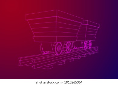 Trolley mine on rails. Wireframe low poly mesh vector illustration.