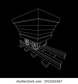 Trolley mine on rails. Wireframe low poly mesh vector illustration.