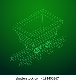 Trolley mine on rails. Wireframe low poly mesh vector illustration.