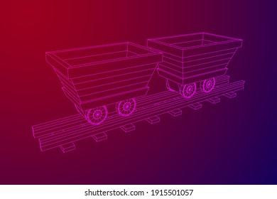 Trolley mine on rails. Wireframe low poly mesh vector illustration.