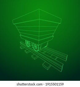 Trolley mine on rails. Wireframe low poly mesh vector illustration.