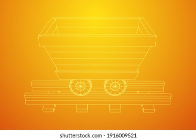 Trolley mine on rails. Wireframe low poly mesh vector illustration.