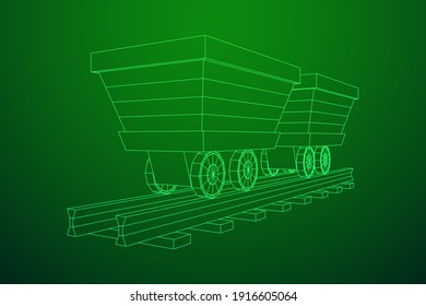 Trolley mine on rails. Wireframe low poly mesh vector illustration.