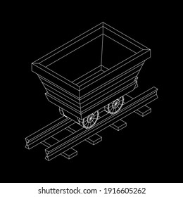 Trolley mine on rails. Wireframe low poly mesh vector illustration.