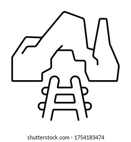 Trolley in mine tunnel line icon. Coal mining, extraction of minerals, gold mining