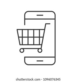 Trolley on cellphone screen, Line icon shopping online and e commerce concept