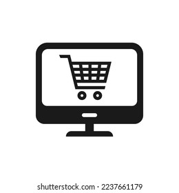 Trolley on computer screen. Online shop flat icon isolated on white background. Vector illustration