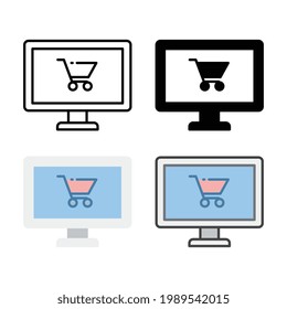 Trolley on monitor screen for shopping advertisement in e-commerce, online shop, e-payment or business. Monitor and shopping cart, trolley icon. vector illustration. Design on white background. EPS 10