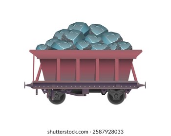 Trolley on white background. Freight railway car with stones. Vector illustration