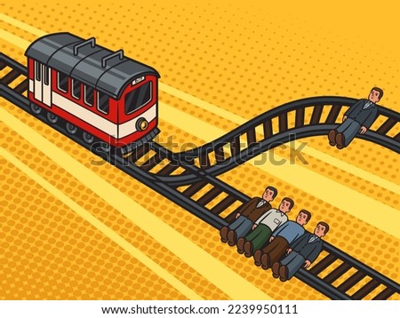 Trolley problem pinup pop art retro vector illustration. Comic book style imitation.