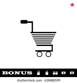 Trolley for products icon flat. Black pictogram on white background. Vector illustration symbol and bonus button open and closed lock, folder, star