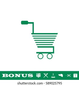 Trolley for products icon flat. Green pictogram on white background. Vector illustration symbol and bonus button