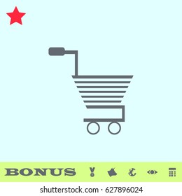Trolley for products icon flat. Grey pictogram on blue background. Vector illustration symbol and bonus buttons medal, cow, earth, eye, calculator