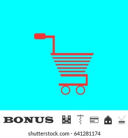 Trolley for products icon flat. Red pictogram on blue background. Vector illustration symbol and bonus buttons Music center, corkscrew, credit card, house, drum