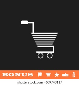 Trolley for products icon flat. White pictogram on black background. Vector illustration symbol and bonus button tooth, vase, star, mirror, bottle