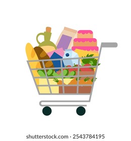 Carro con productos. Ilustración plana de color simple de Vector.