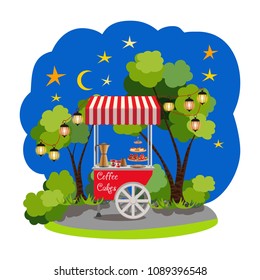 The trolley is a red visor with cakes and coffee in the background of a park with trees and bushes. The moon and stars in the evening sky and burning lights. Flat. Vector illustration. 