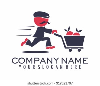 trolley running shopper mustache guy vector cartoon character