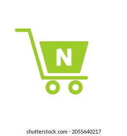 Trolley Shopping Cart On Letter N Initial Online And Shopping Logo Concept Template